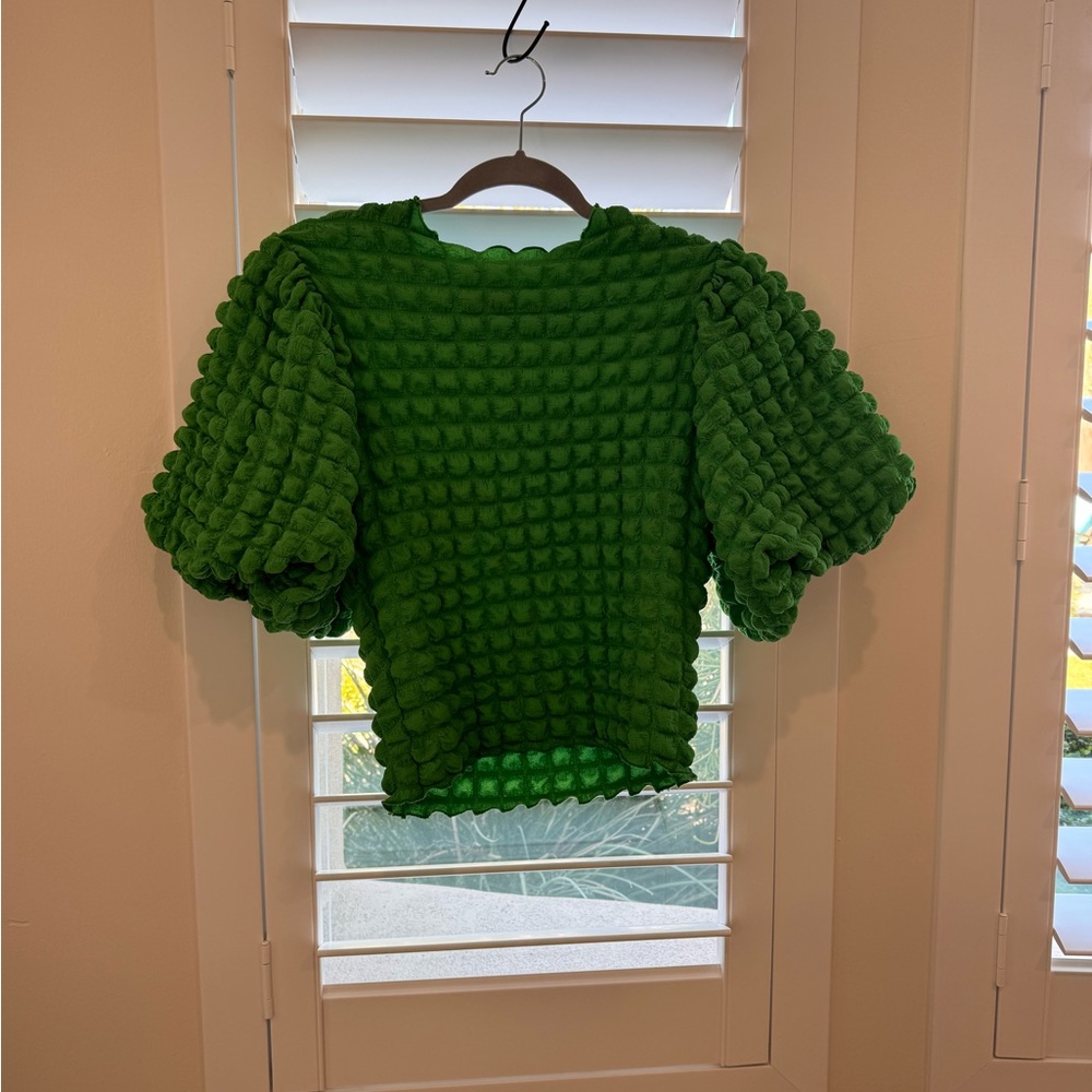 Emerald Puff Sleeve Women's Anthropologie Blouse - Picture 2 of 6